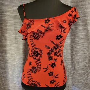 Parallel Off One Shoulder Flower Ruffle Blouse Red